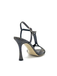 Blue iridescent printed fabric sandal. Leather lining, leather sole. 9,5 cm heel