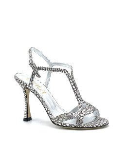 Silver printed fabric sandal. Leather lining, leather sole. 9,5 cm heel.