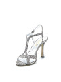 Silver printed fabric sandal. Leather lining, leather sole. 9,5 cm heel.