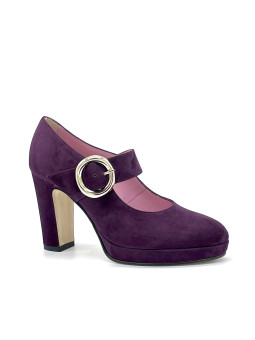 Purple suede mary Jane and golden buckle with platform. Leather lining, leather 