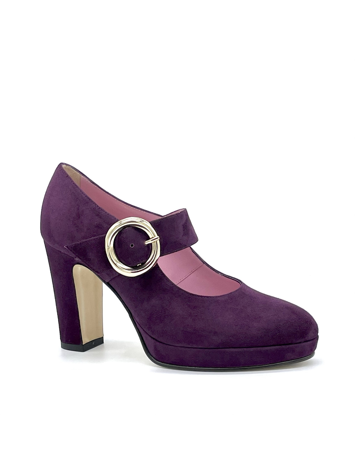 Purple suede mary Jane and golden buckle with platform. Leather lining, leather 