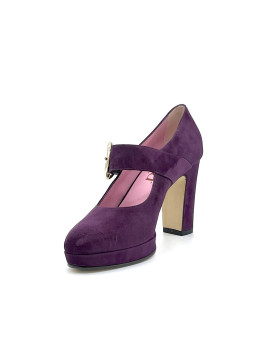 Purple suede mary Jane and golden buckle with platform. Leather lining, leather 