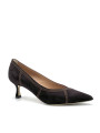 Brown suede pump with grosgrain ribbon. Leather lining, leather and rubber sole.