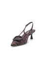 Plum tweed fabric slingback with patent buckle. Leather lining, leather sole. 5,