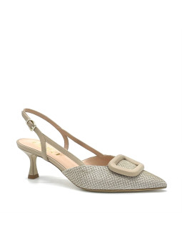 Beige and cream colour printed suede slingback with buckle. Leather lining, leat