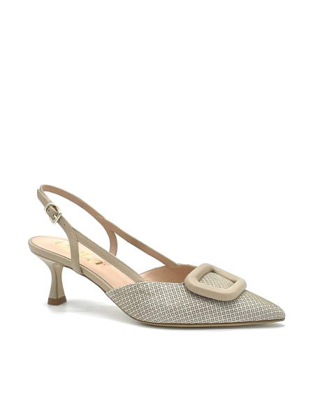 Beige and cream colour printed suede slingback with buckle. Leather lining, leat