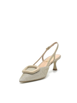 Beige and cream colour printed suede slingback with buckle. Leather lining, leat