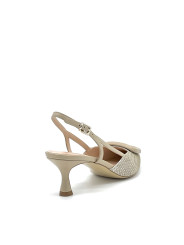 Beige and cream colour printed suede slingback with buckle. Leather lining, leat