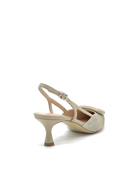 Beige and cream colour printed suede slingback with buckle. Leather lining, leat