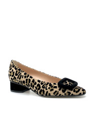 Printed suede pump with black suede buckle. Leather lining, leather and rubber s