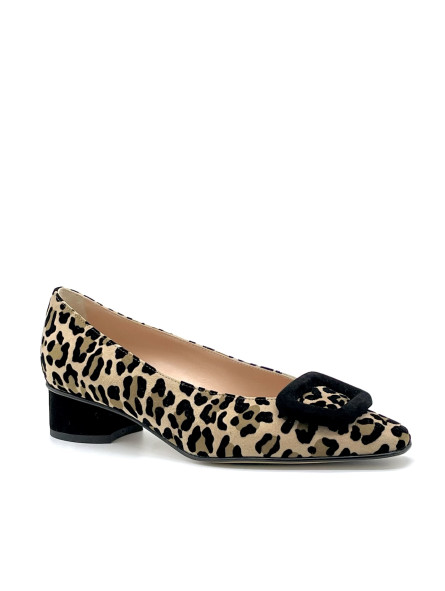 Printed suede pump with black suede buckle. Leather lining, leather and rubber s