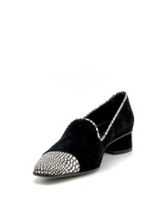 Black suede and silver printed fabric moccassin. Leather lining, leather and rub