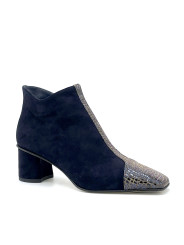 Blue suede and iridescent printed fabric boots. Leather lining, leather and rubb