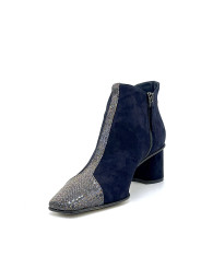 Blue suede and iridescent printed fabric boots. Leather lining, leather and rubb