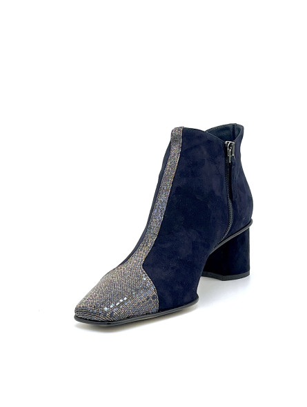 Blue suede and iridescent printed fabric boots. Leather lining, leather and rubb