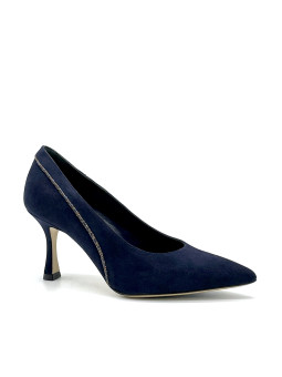 Blue suede with printed iridescent fabric insert pump. Leather lining, leather a