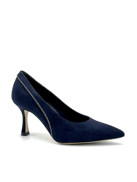 Blue suede with printed iridescent fabric insert pump. Leather lining, leather a