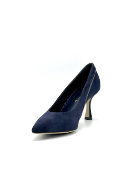 Blue suede with printed iridescent fabric insert pump. Leather lining, leather a