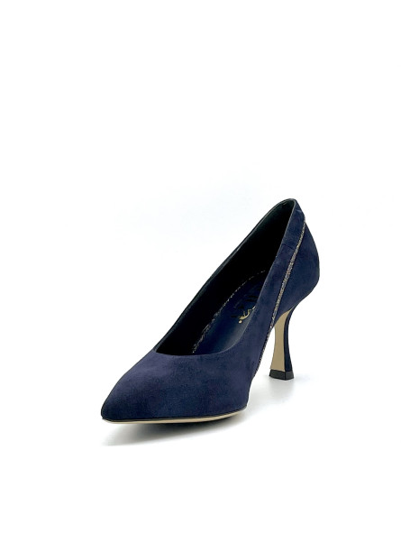 Blue suede with printed iridescent fabric insert pump. Leather lining, leather a