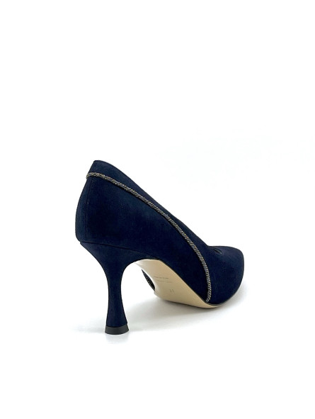 Blue suede with printed iridescent fabric insert pump. Leather lining, leather a