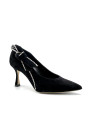 Black suede with printed silver fabric insert pump. Leather lining, leather and 