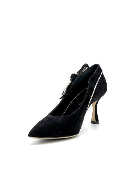 Black suede with printed silver fabric insert pump. Leather lining, leather and 