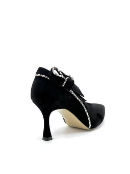 Black suede with printed silver fabric insert pump. Leather lining, leather and 