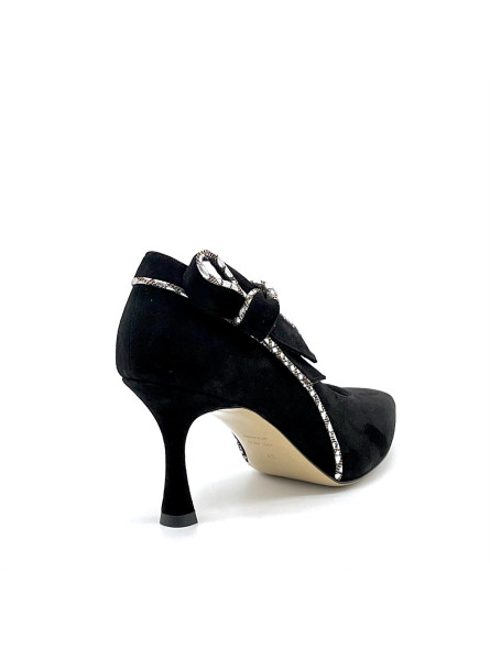 Black suede with printed silver fabric insert pump. Leather lining, leather and 