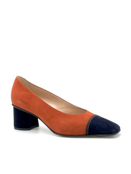 Pumpkin and blue suede pump with brown grosgrain ribbon. Leather lining, leather