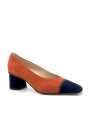 Pumpkin and blue suede pump with brown grosgrain ribbon. Leather lining, leather