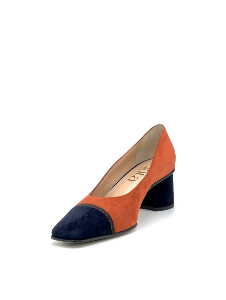 Pumpkin and blue suede pump with brown grosgrain ribbon. Leather lining, leather