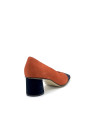 Pumpkin and blue suede pump with brown grosgrain ribbon. Leather lining, leather