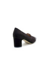 Brown suede and patent pump with grosgrain ribbon. Leather lining, leather and r