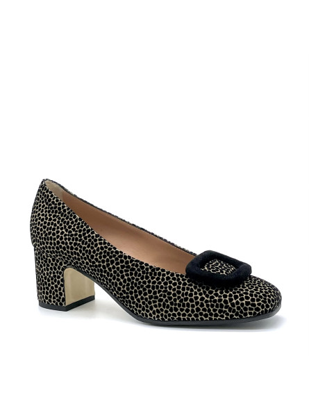 Black and beige printed suede pump with black suede buckle and soft insole. Leat