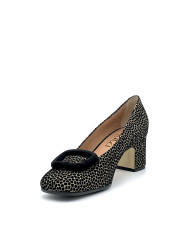 Black and beige printed suede pump with black suede buckle and soft insole. Leat