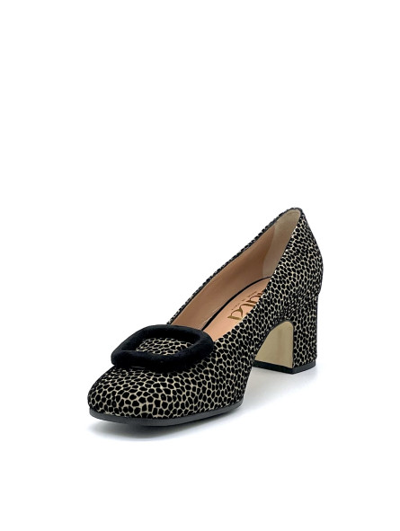 Black and beige printed suede pump with black suede buckle and soft insole. Leat