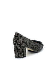 Black and beige printed suede pump with black suede buckle and soft insole. Leat