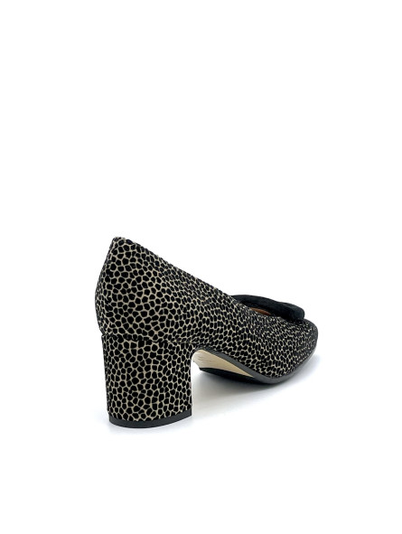 Black and beige printed suede pump with black suede buckle and soft insole. Leat