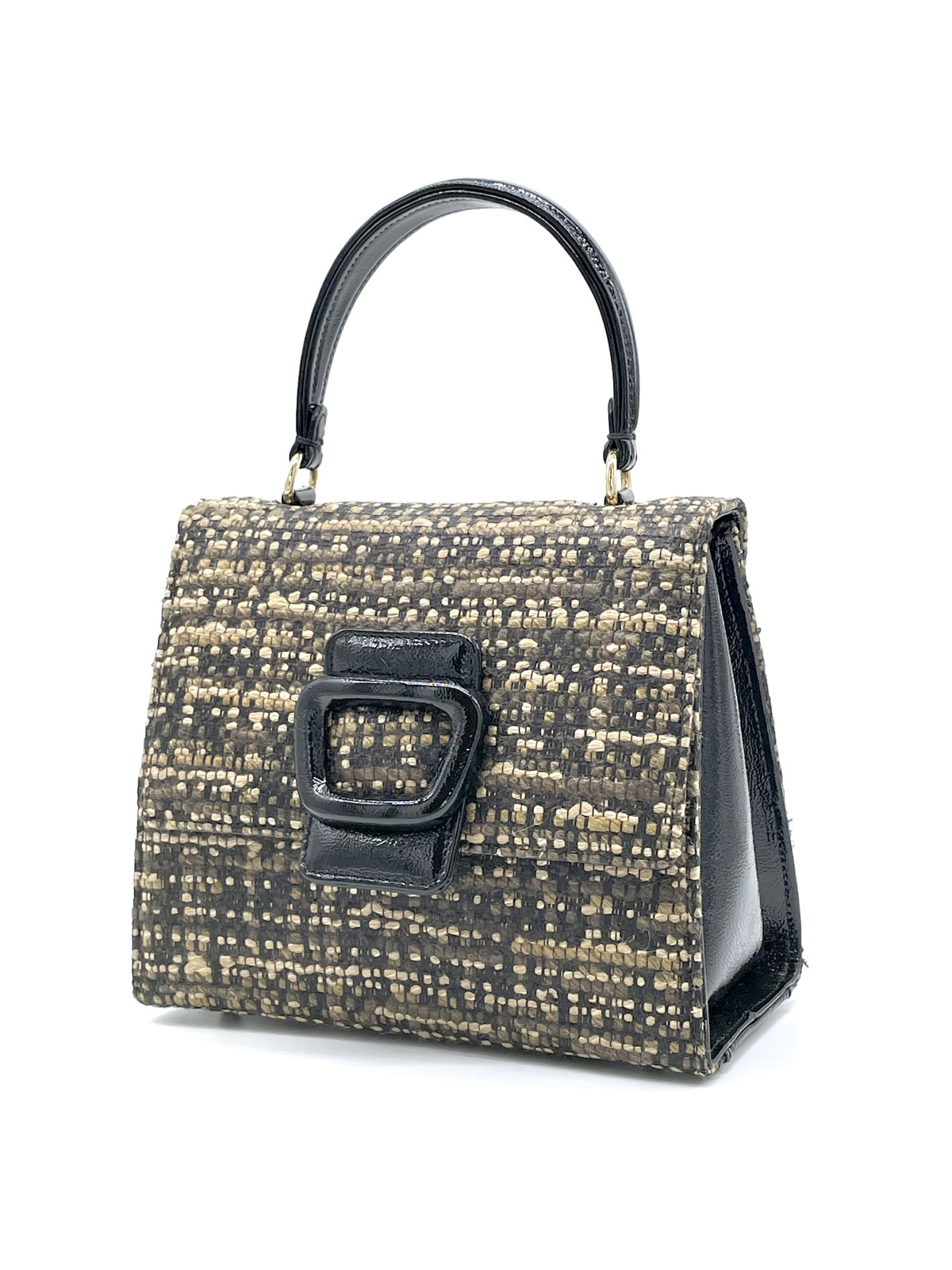 Borsa in tessuto tweed beige con fibbia e manico in vernice nera. Dimensioni L20