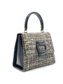 Borsa in tessuto tweed beige con fibbia e manico in vernice nera. Dimensioni L20