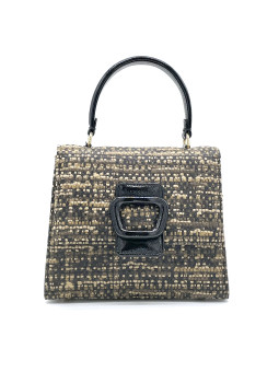 Borsa in tessuto tweed beige con fibbia e manico in vernice nera. Dimensioni L20