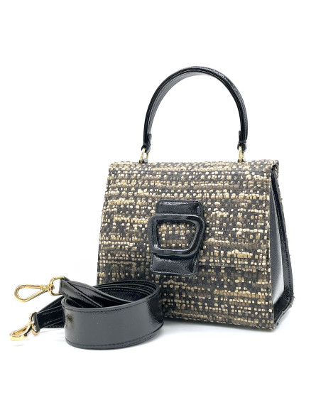 Borsa in tessuto tweed beige con fibbia e manico in vernice nera. Dimensioni L20