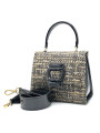 Borsa in tessuto tweed beige con fibbia e manico in vernice nera. Dimensioni L20