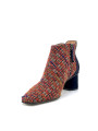 Red bouclé fabric and blue suede boots. Leather lining, leather and rubber sole