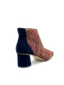 Red bouclé fabric and blue suede boots. Leather lining, leather and rubber sole