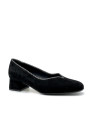 Black suede pump with silver and black printed suede inserts and soft insole. Le