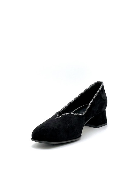 Black suede pump with silver and black printed suede inserts and soft insole. Le