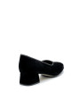 Black suede pump with silver and black printed suede inserts and soft insole. Le