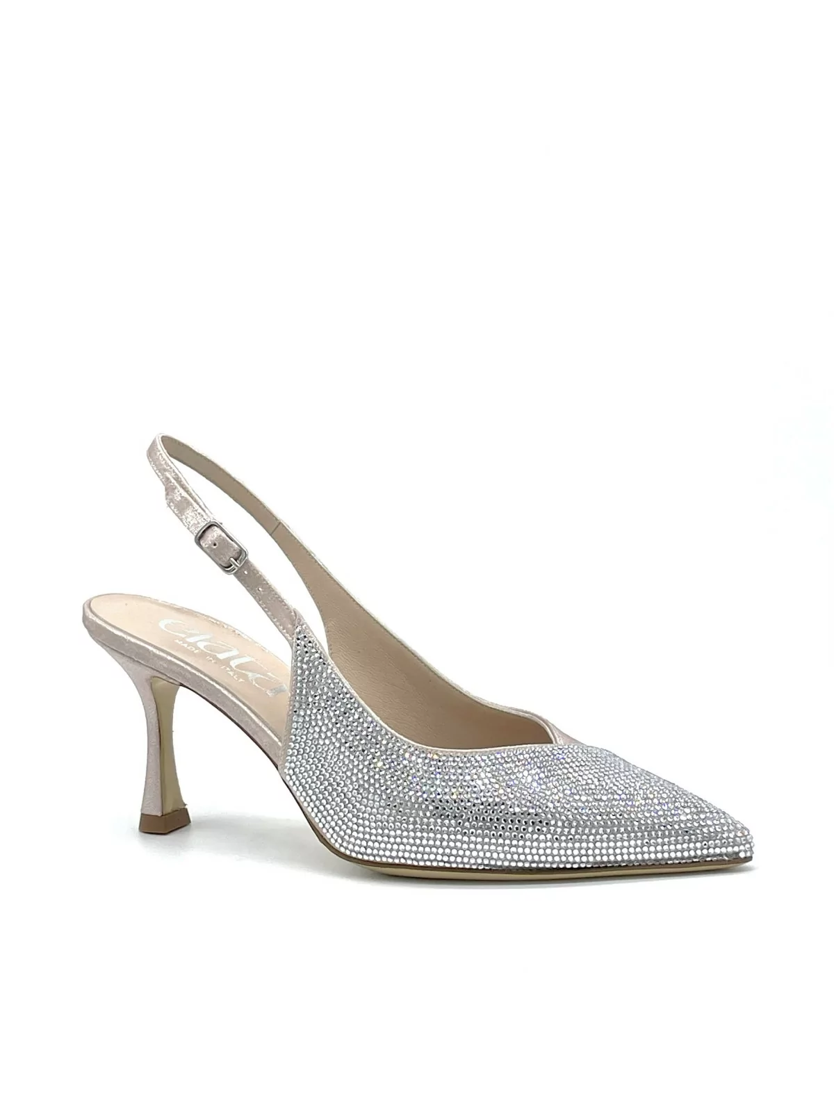 Nude satin effect chenille slingback with rhinestones. Leather lining, leather s