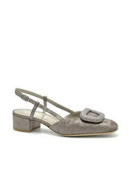 Pewter satin effect chenille slingback with jewel buckle. Leather lining, leathe